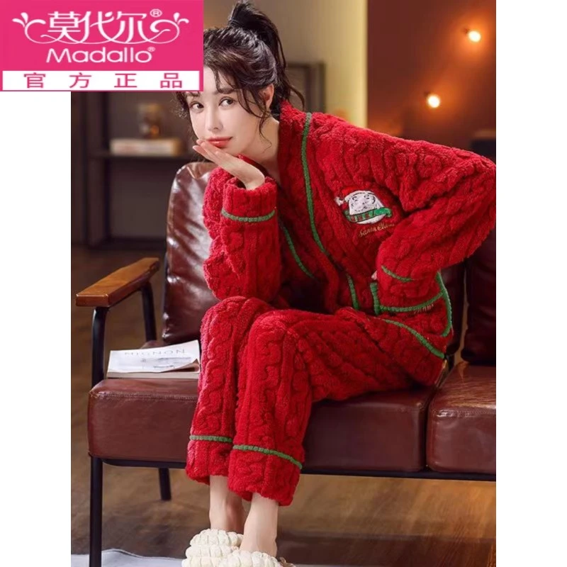 莫代尔法兰绒睡衣家居服女冬季新款加绒加厚V领开衫外穿圣诞节套