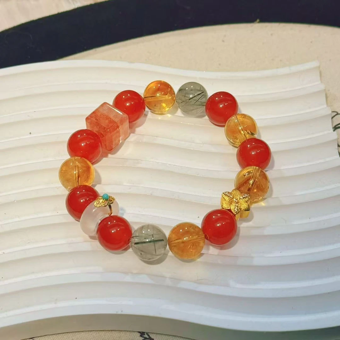 1283【胭脂扣】天然黄塔晶 绿发晶 胶花 设计款 多样性发