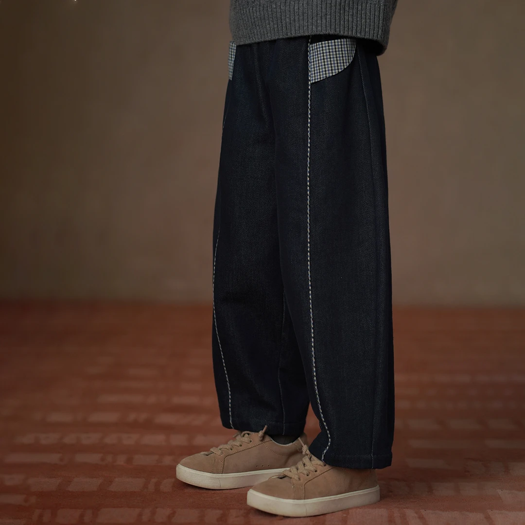 哈齿童装冬季儿童加绒长裤休闲宽松直筒裤男童女童复古牛仔萝卜裤