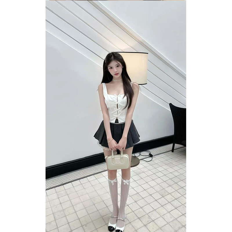 2025夏季新款法式蝴蝶结显锁骨纯欲修身显瘦小上衣百搭短裙套装