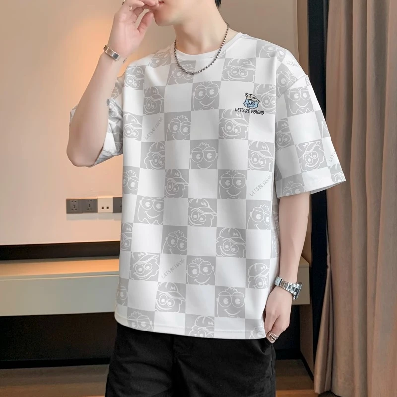 短袖t恤男夏季薄款宽松休闲圆领半袖上衣青少年棋盘格子刺绣体恤