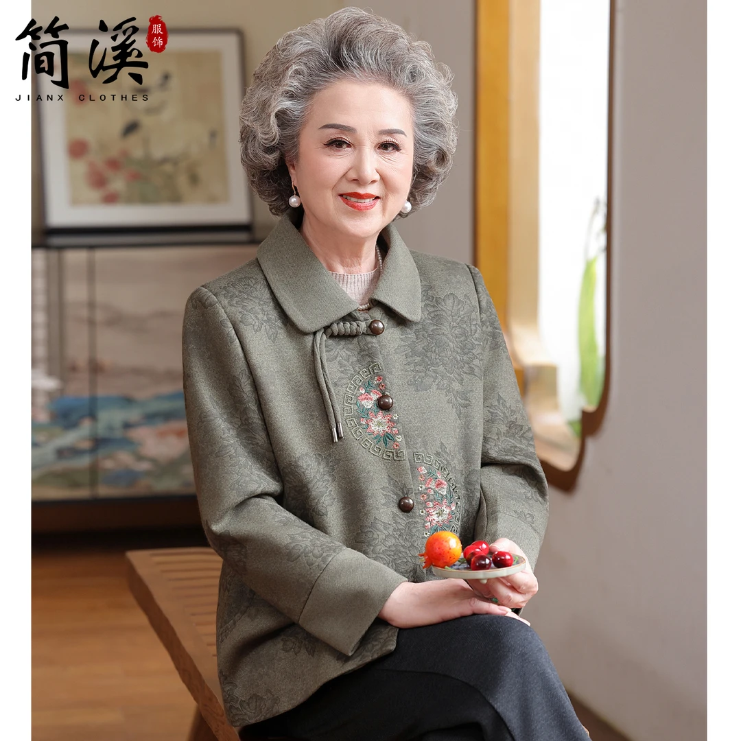 简溪老年人秋装女奶奶翻领国风外套中老年妈妈秋冬洋气宽松上衣服