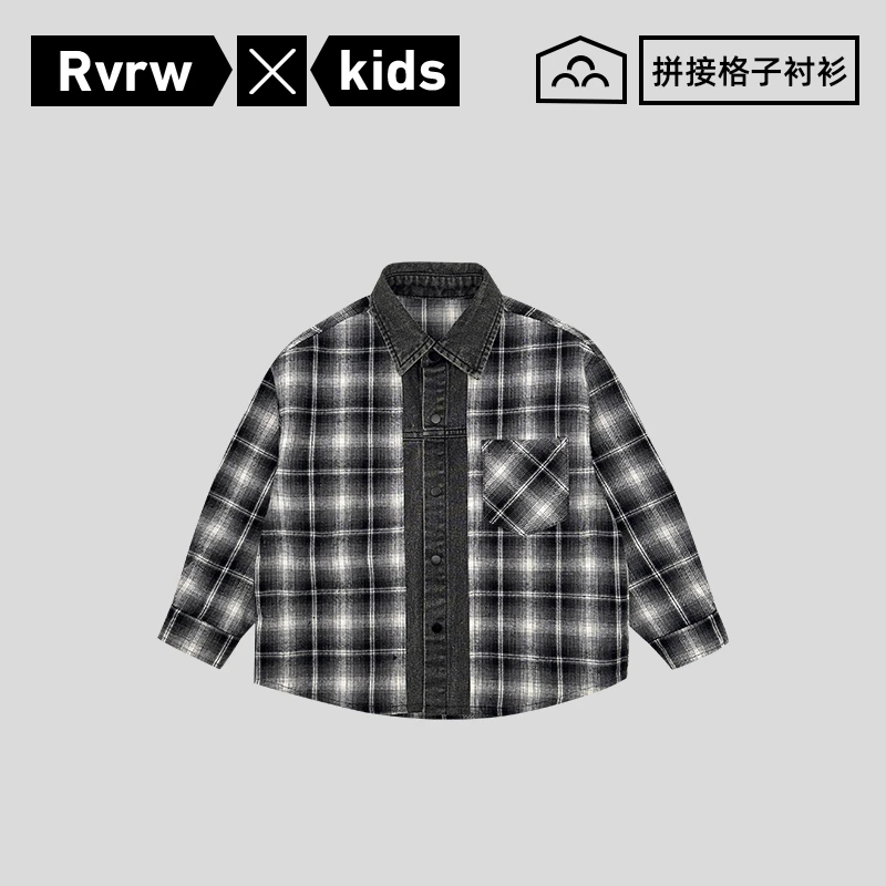 格子牛仔拼接长袖衬衫2025秋季新款潮酷韩版儿童童装 QY-TZ036