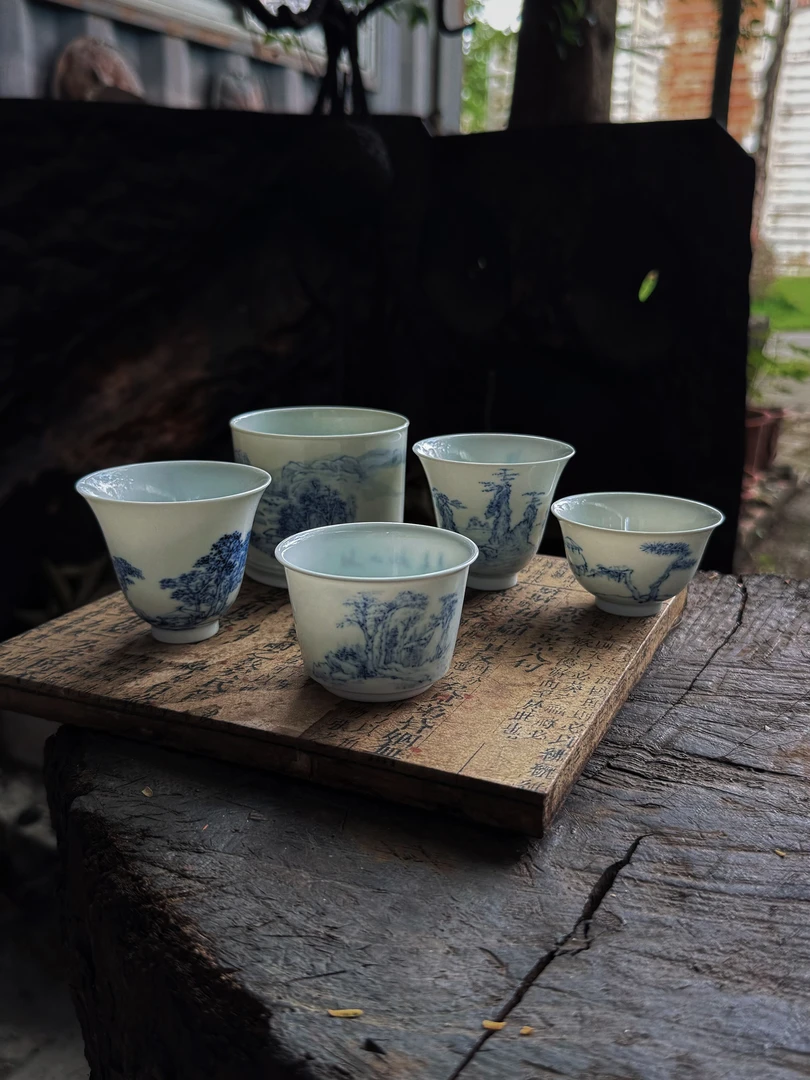 纯手手绘陶瓷杯青花文人墨画陶瓷杯手工胚手工绘制青花陶瓷杯茶杯