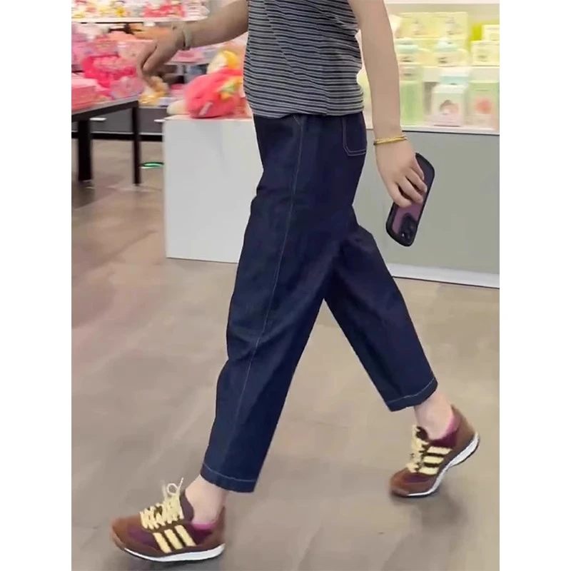 深蓝色哈伦牛仔裤女春秋新款大码胖mm小个子高腰显瘦九分老爹裤子