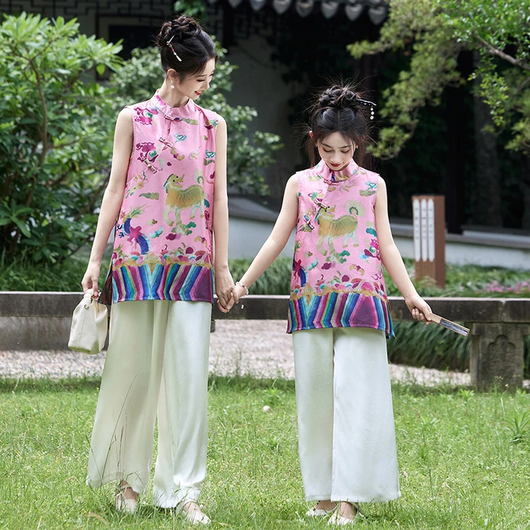 女童新中式国风旗袍裙套装2025新款儿童背心裙裤两件套母女亲子装