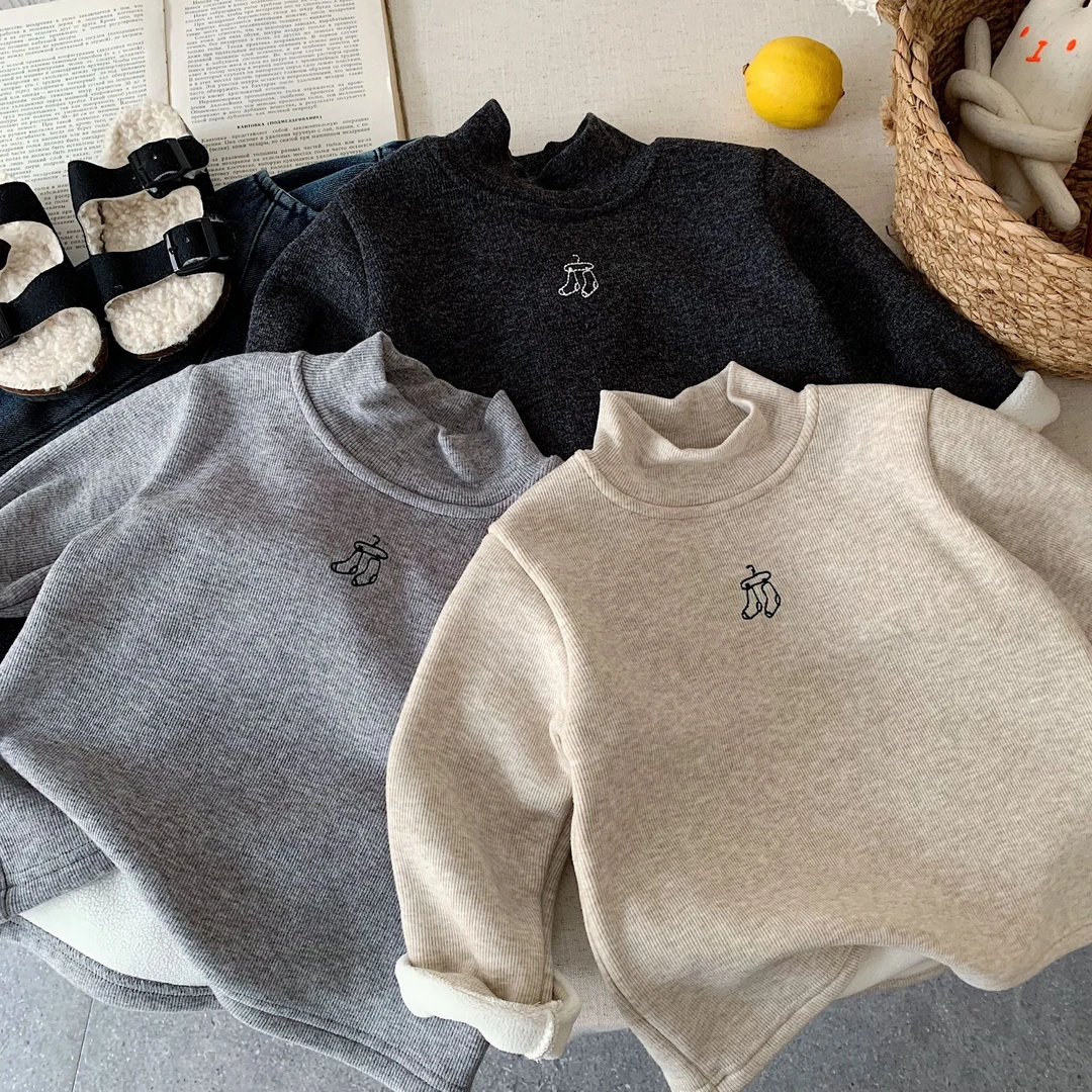 儿童加绒打底衫秋冬季新款男套绣花半高领女童韩版休闲长袖T恤衫