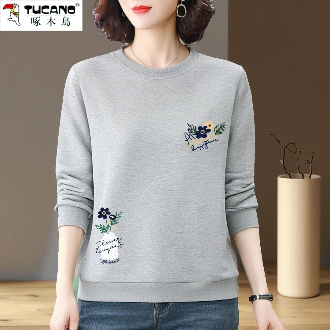 啄木鸟纯棉卫衣女2025新款宽松大码修身显瘦韩版长袖开叉休闲上衣