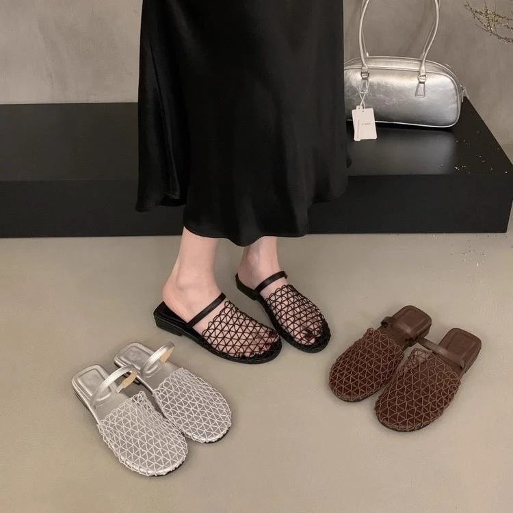 网面时尚包头半拖鞋女外穿2025新款夏季舒适百搭软底凉拖平底凉鞋