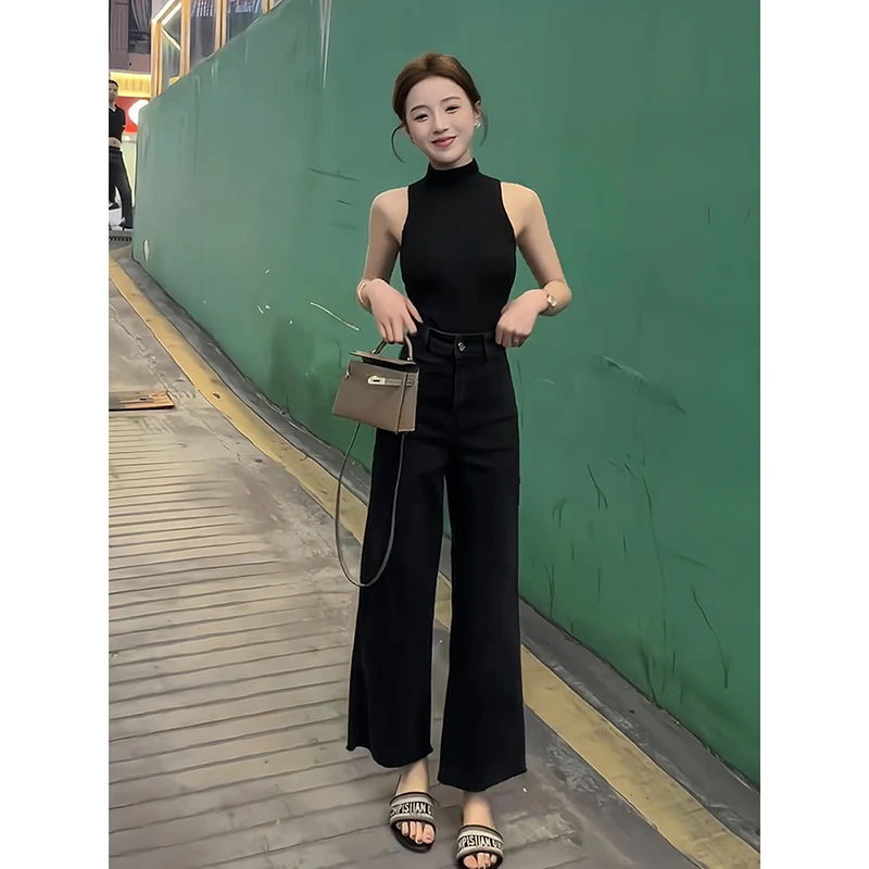 小个子梨形身材适用黑色毛边宽松直筒显瘦九分牛仔裤2025爆款新款