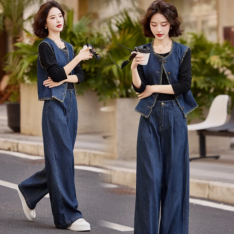 休闲港风复古牛仔套装女2025春秋季新款毛边背心宽松阔腿裤三件套