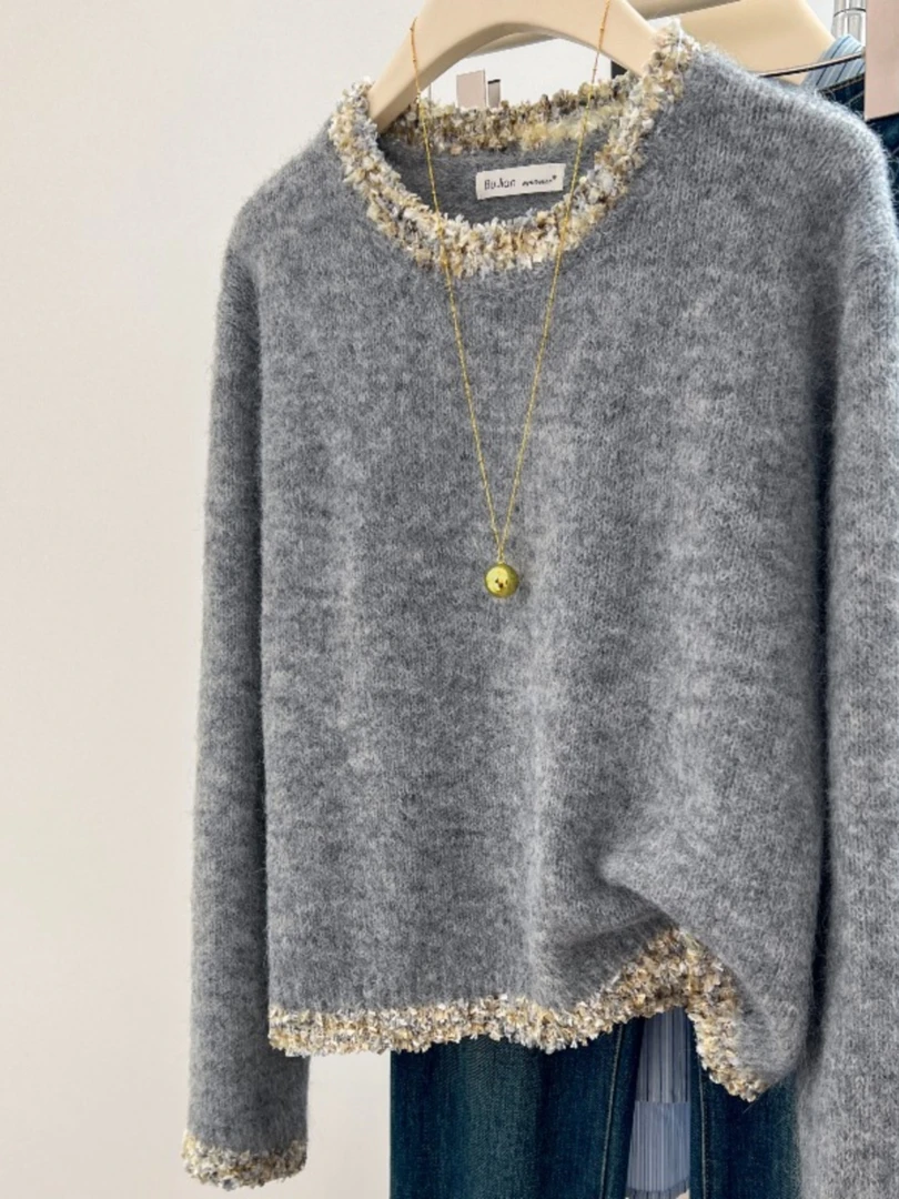 灰色别致设计感针织毛衣2025年秋季新款高级感时髦温柔风内搭上衣