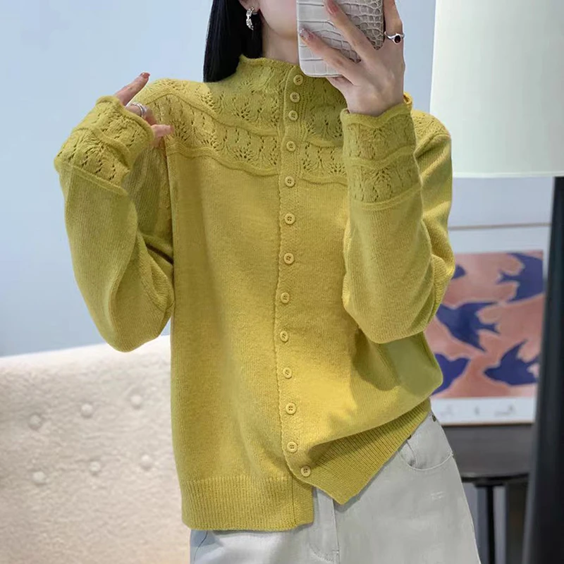 【慕容专属】时尚新款镂空设计感半高领针织开衫外套女上衣JR862