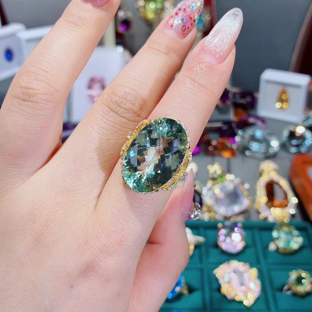 绿水晶珠宝半成品银S925镶嵌戒指