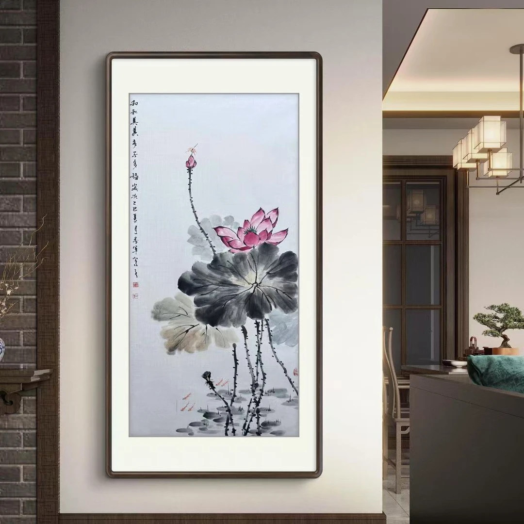 《和和美美多子多福》张芳军老师纯手绘竖幅荷花四尺玄关国画作品