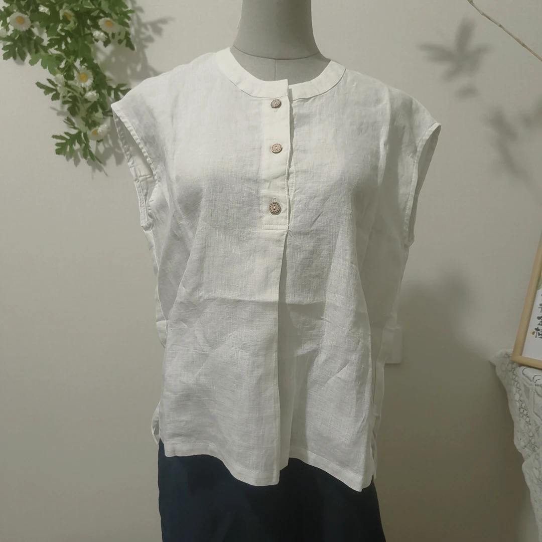 纯亚麻开扣休闲T恤上衣衬衫立领白色衬衣