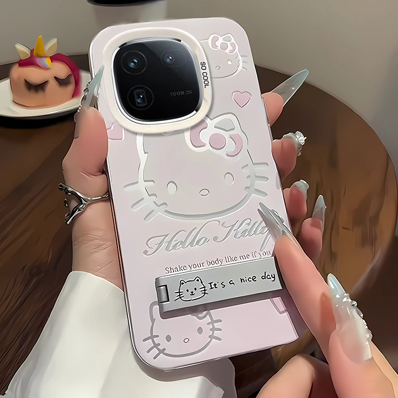 粉色凯蒂猫适用vivoiqoo12壳12pro镜头全包防摔IQOO11彩银支架保