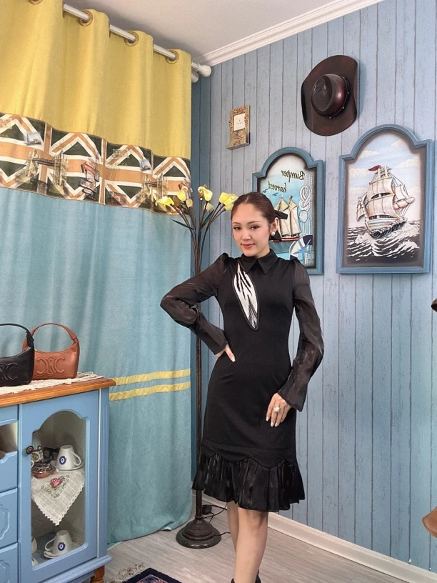 黑色Atlas qaplak连衣裙瘦身气质优雅气质连衣裙