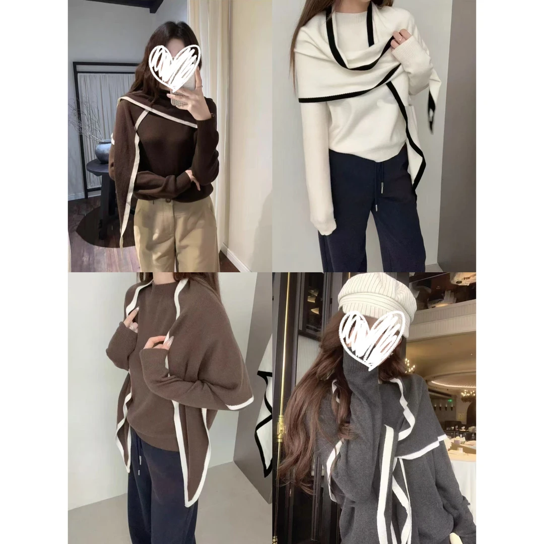 51023 （衣长56）韩系秋冬气质松弛圆领长袖毛衣（配披肩）