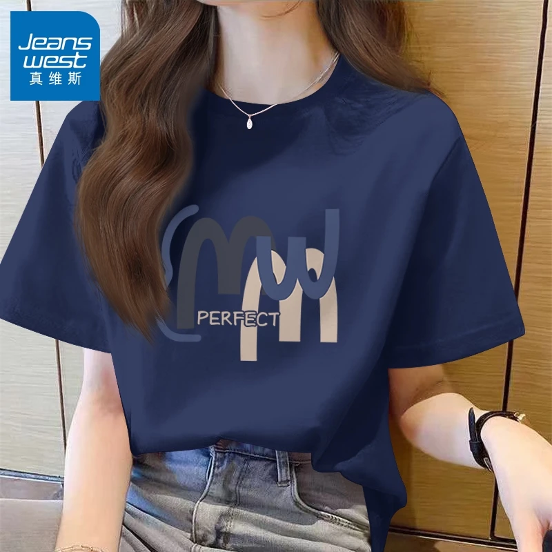 真维斯藏青色纯棉短袖t恤女夏季2025新款爆款夏季宽松半袖上衣服X