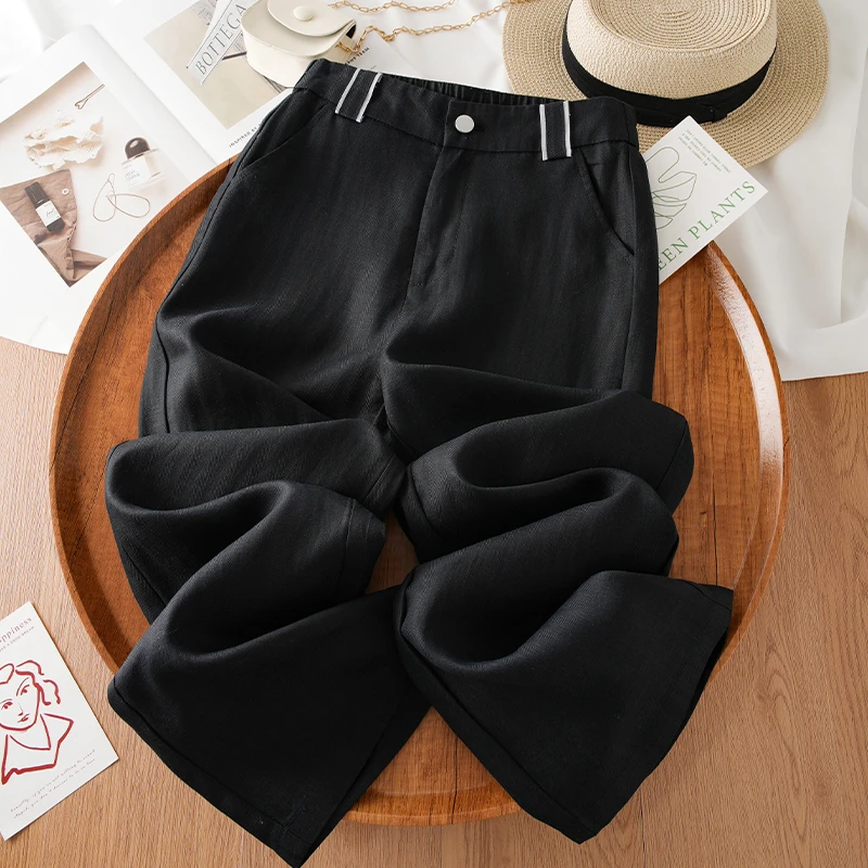 高级黑亚麻裤窄版阔腿裤女夏季爆款高腰垂感休闲裤显瘦新款棉麻裤