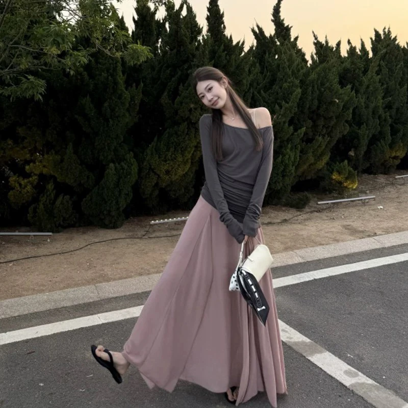 【张开心】韩系纯欲慵懒风女装露肩长袖上衣高腰a字裙半身裙套装