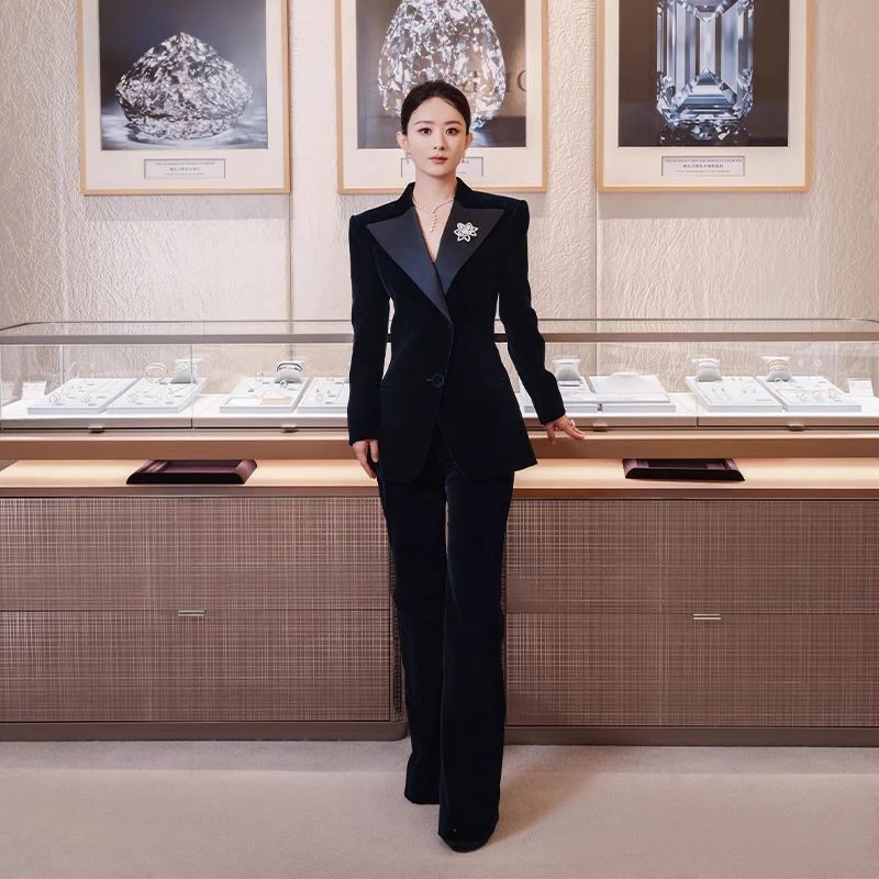 清仓爆款赵丽颖明星同款黑色丝绒西装套装女春秋拼接缎面职业OL