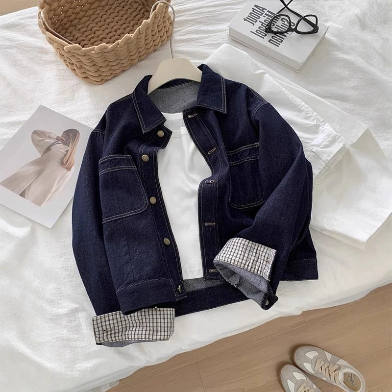 强货闭眼入！复古格纹拼接牛仔外套女秋季宽松休闲百搭短款上衣潮