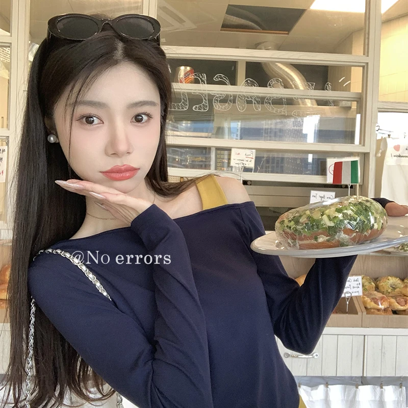 现货不出错No errors 恋综女主 时髦斜肩撞色T恤 B625Y03297