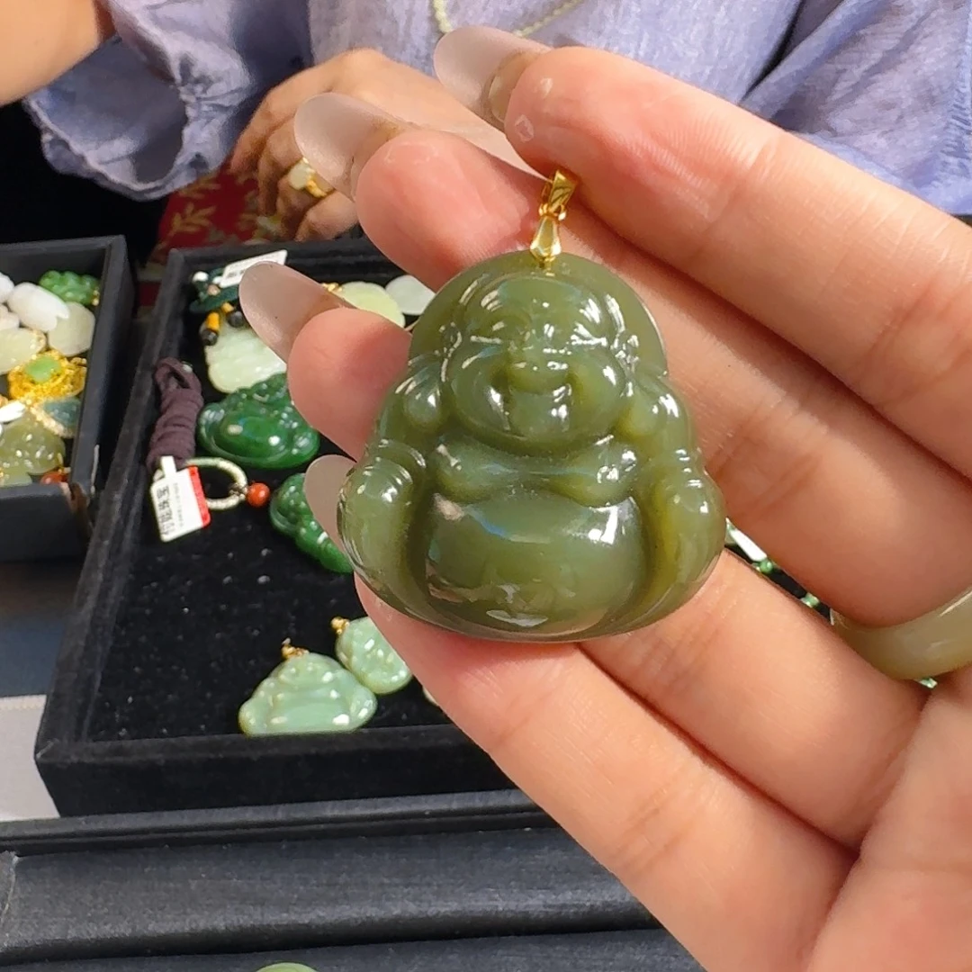 颈饰银S925镶嵌和田玉湖水绿佛公卡35