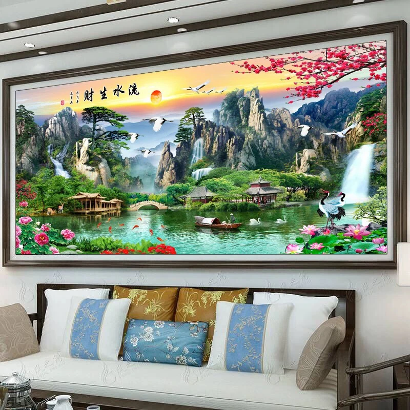 2.3大格纯手工绣好十字绣成品0711流水生财风水佳作山水画客厅