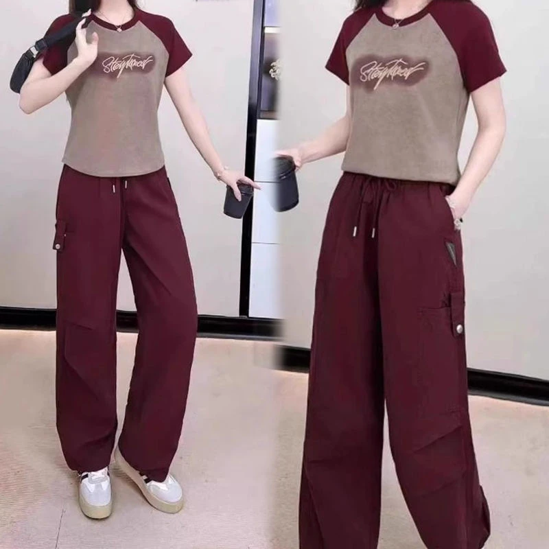 2025年夏季新款简约休闲百搭显瘦减龄修身时尚字母女短袖长裤套装