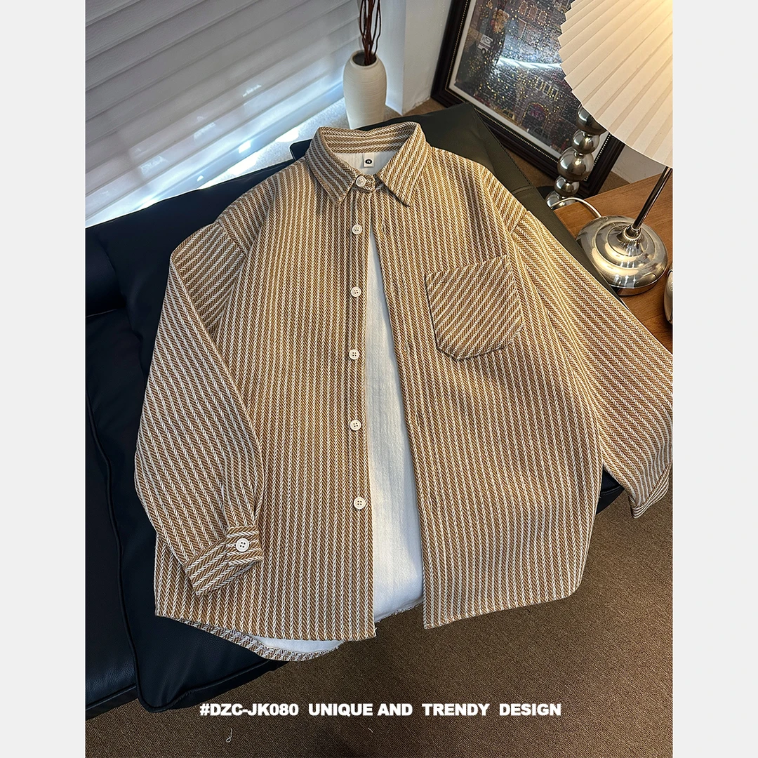 秋冬加绒保暖条纹小香风衬衫外套编织长袖宽松衬衣加厚男款外套