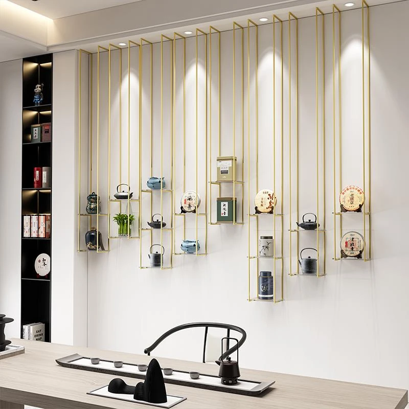新中式茶室靠墙一字架玻璃多层装饰架茶具展示架铁艺金色悬挂吊架