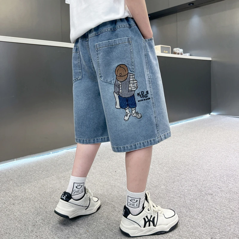 男童潮牌牛仔短裤夏款2025新款儿童薄款卡通刺绣七分裤男孩休闲裤