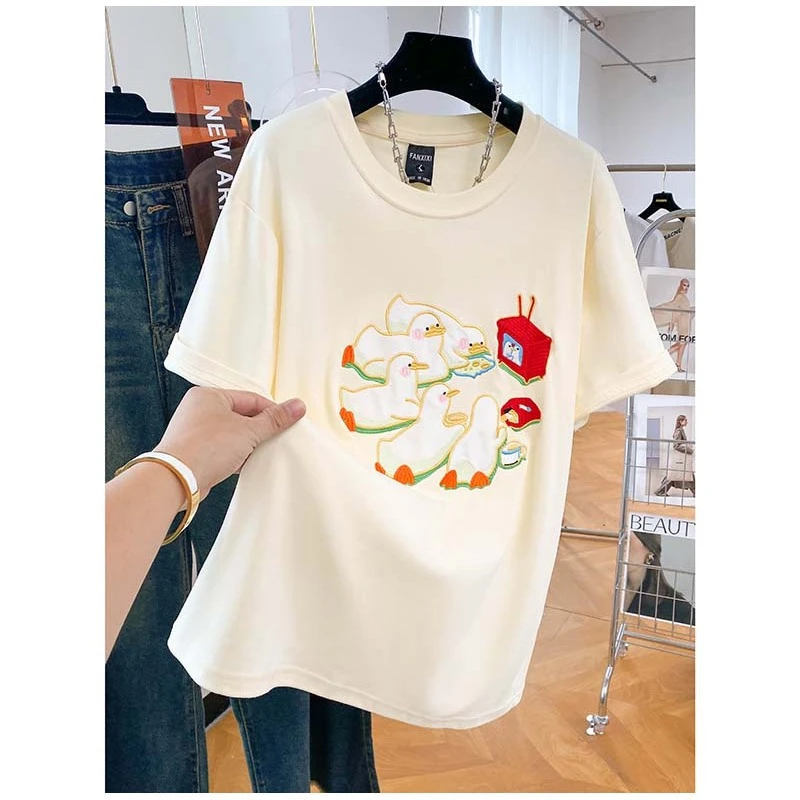 情侣夏装正肩追剧鸭子卡通印花短袖t恤男女ins设计感oversize上衣