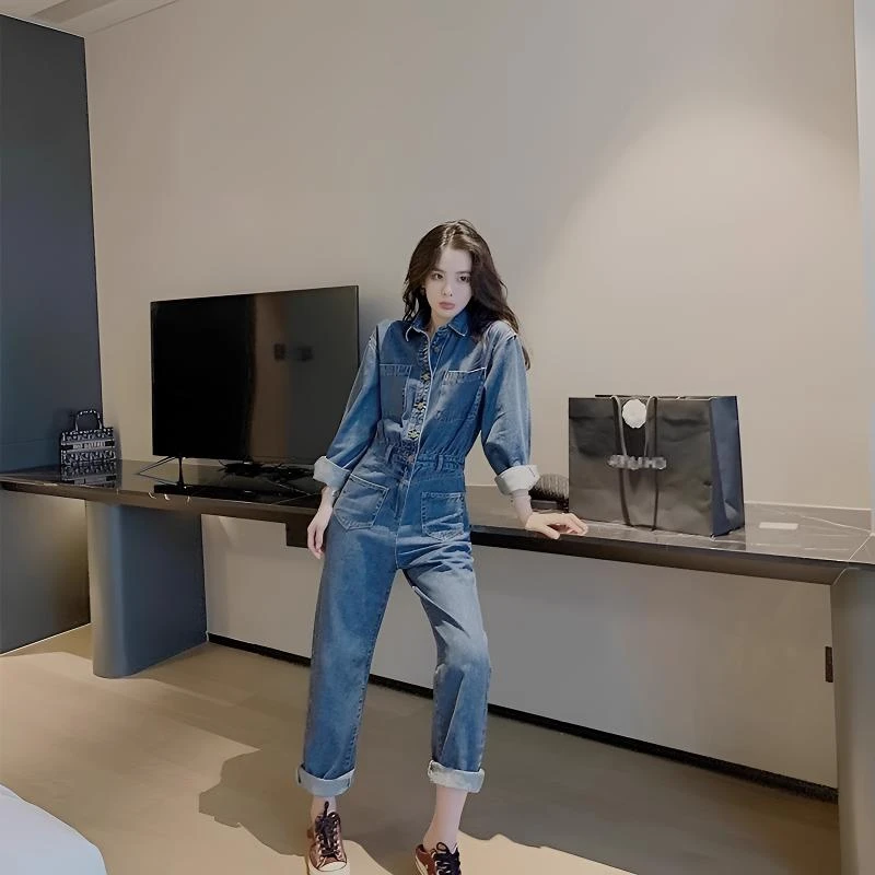 工装牛仔连体女春港风小个子高级感收腰修身韩版做旧老钱风女装
