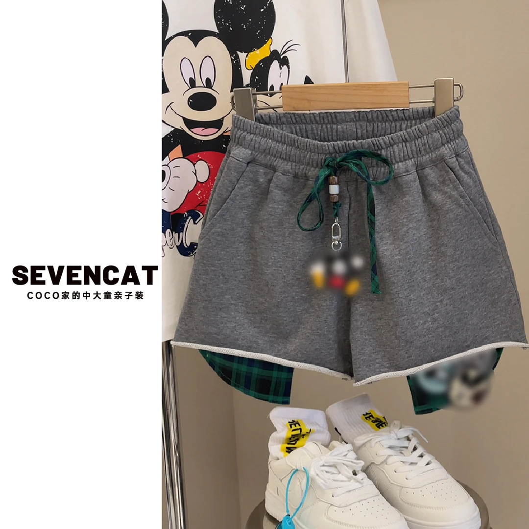 在仓【可妈定制25夏】爆款卡通吊坠拼接格子卫裤宽松短裤中大童亲子