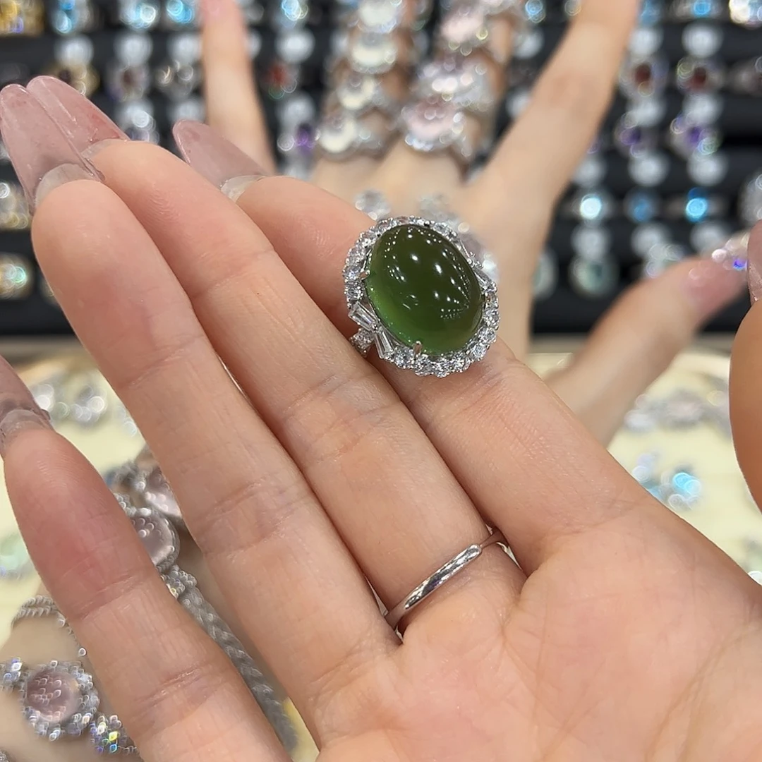 岫玉银S925镶嵌戒指春*