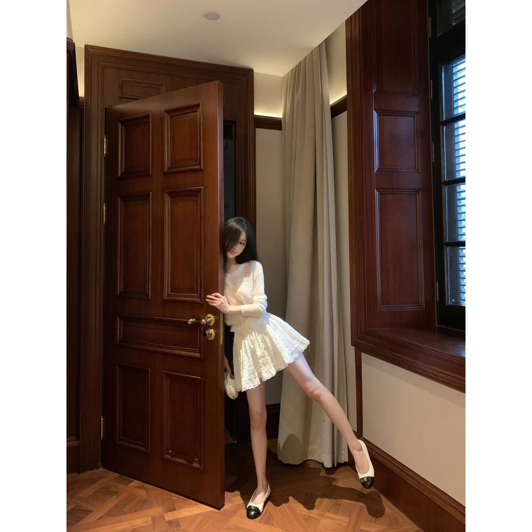 MARIE.COCO清冷微透防晒针织开衫初恋感蓬蓬蕾丝小白裙两件套装女