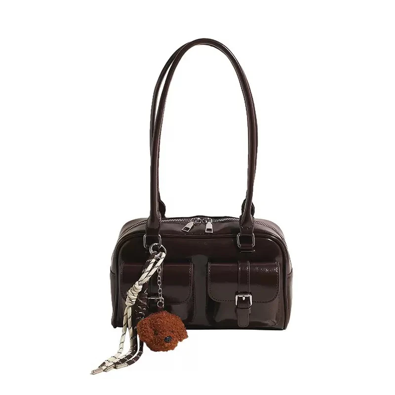 拉链暗袋单根方形单肩包肩包腋下经典两用包漆皮