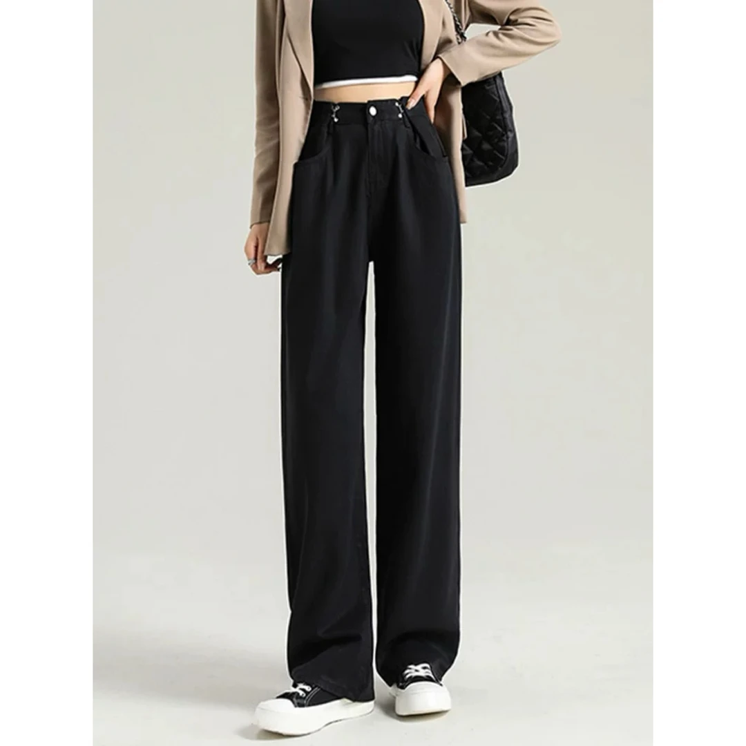 1024 经典黑色软料高腰收腰设计百搭阔腿牛仔裤