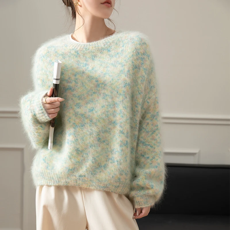 朦胧花粉羊绒衫女拉绒圆领拉毛加厚长毛100纯山羊绒外穿针织毛衣