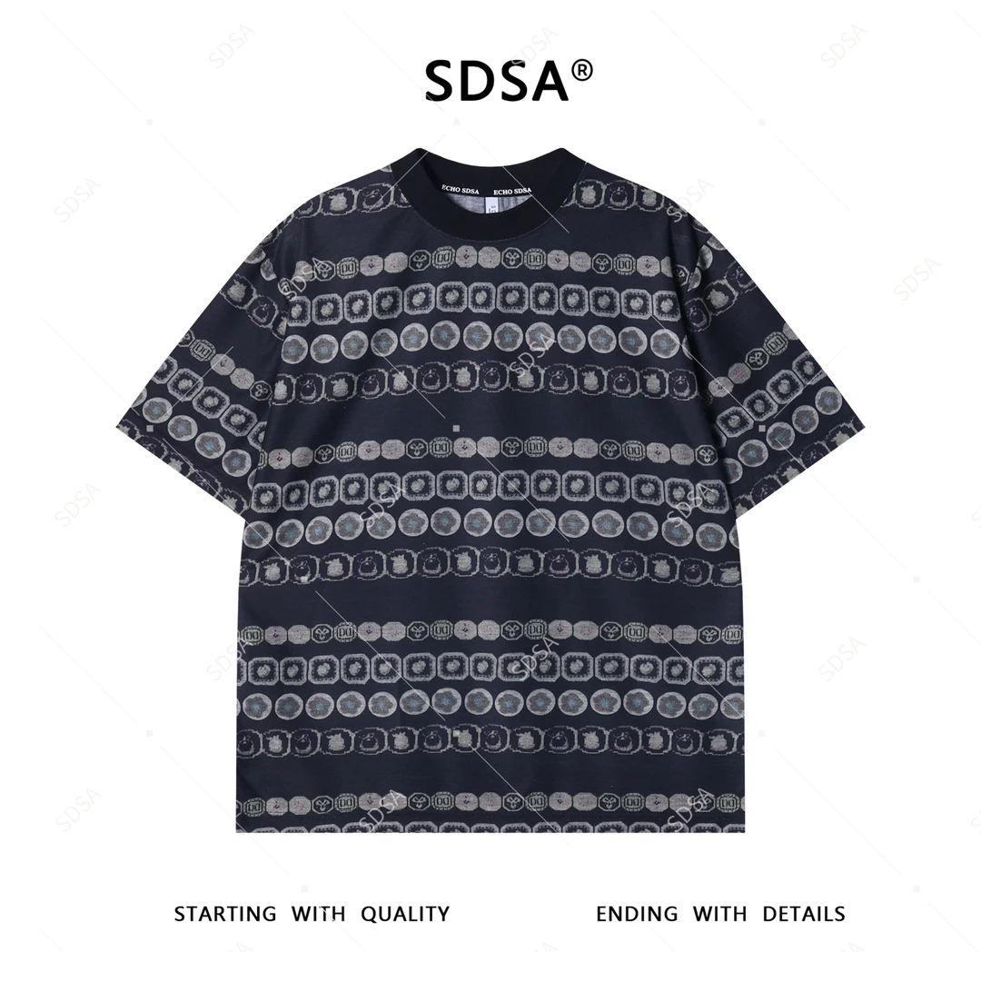 夏季高级感新款男士美式趣味条纹设计短袖T恤百搭时尚圆领上衣