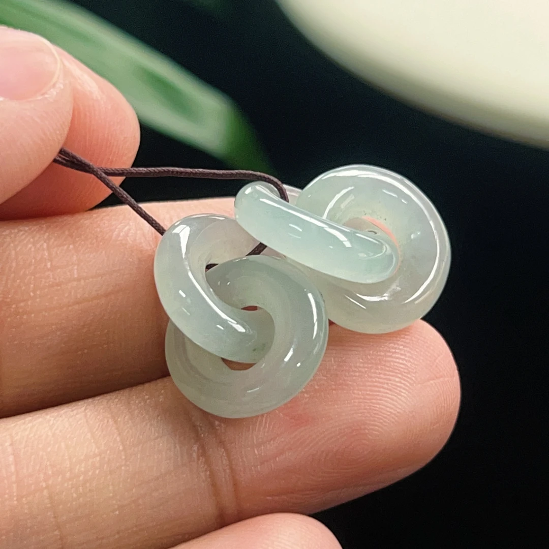 天然翡翠冰种蓝色底环环相扣耳饰卡13-3.8银镀编织手工桶珠双圈