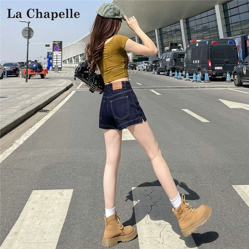拉夏贝尔丹宁深色牛仔短裤女2025新款高腰小个子夏季外穿阔腿热裤
