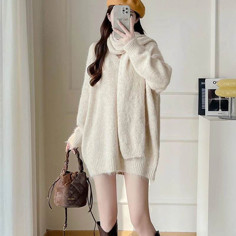 慵懒风配围巾两件套针织毛衣2025秋冬韩系宽松纯色百搭外穿上衣女