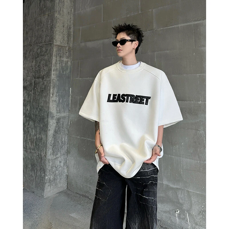 白色重磅刺绣圆领t恤短袖男生夏季美式cleanfit高街宽松休闲半袖