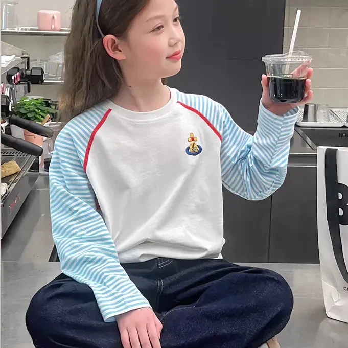 2025秋装新款儿童条纹插肩袖撞色上衣女童洋气长袖t恤大童打底衫