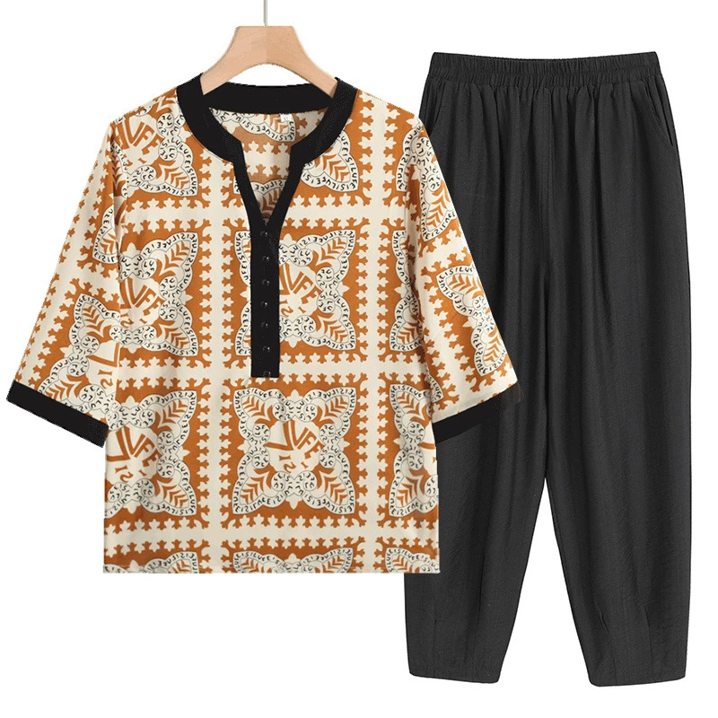 母亲节优雅复古妈妈夏装印花雪纺上衣时尚七分袖中老年女装潮流